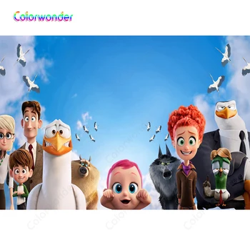 

Colorwonder Storks Film Photography Background Baby Wolves Birds and His Family 7x5ft Blue Sky with Birds Backdrop for Birthday