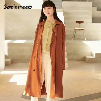 

Samstree 2018 Women Spring Autumn Trench Coat Waist Belt Detachable Dustcoat Fall Long Coat Outwear Double Breasted