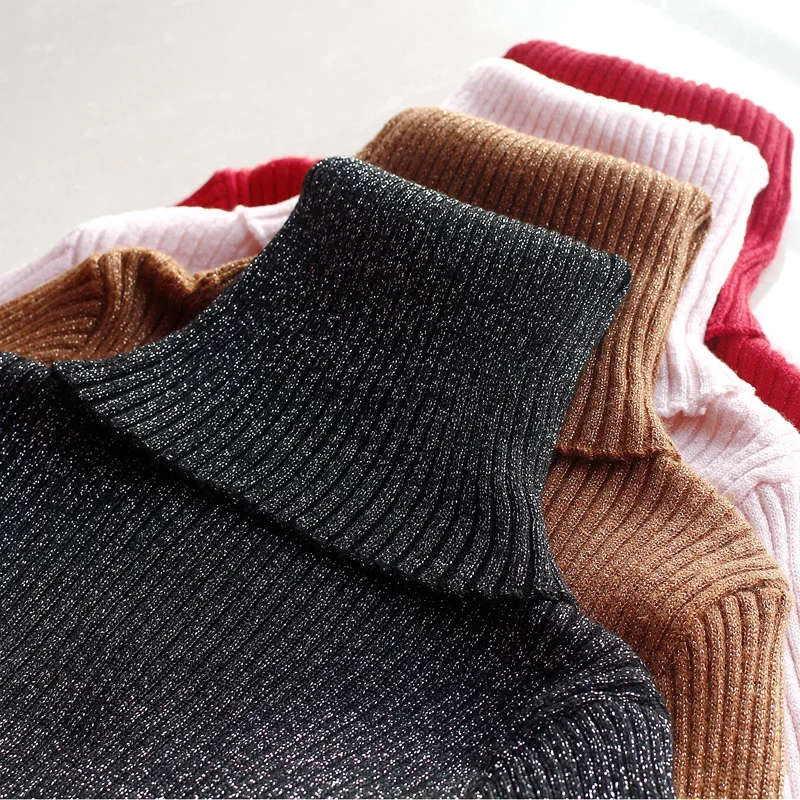 Блеск Свитер с воротником Для женщин пуловер высокая эластичность вязаный джемпер в рубчик Для женщин свитера 2018 зима-осень базовый свитер