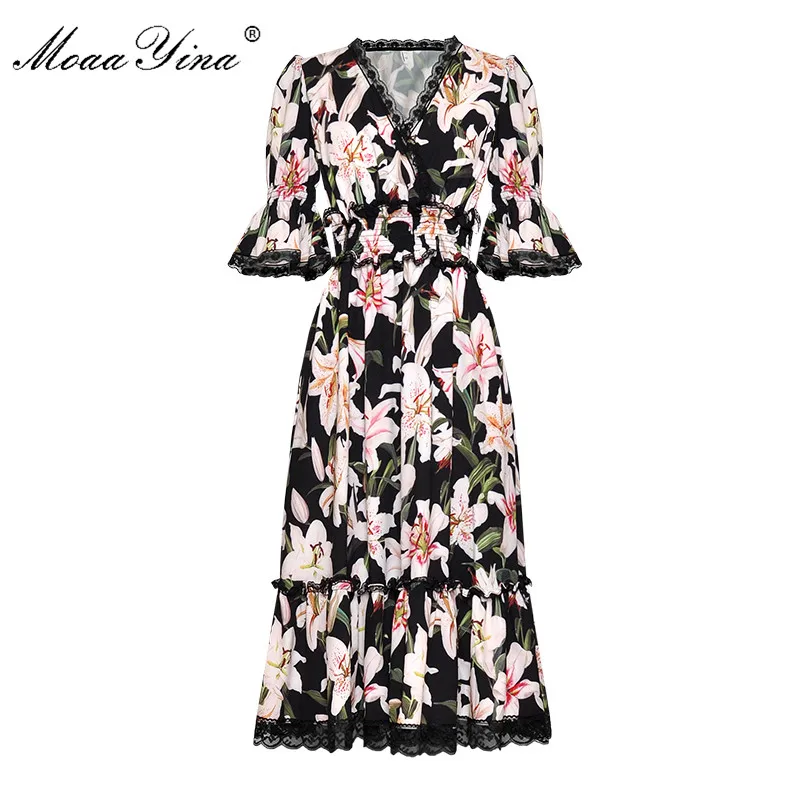 

MoaaYina Fashion Designer Runway dress Spring Summer Women Dress V-neck lily Floral-Print Elegant Dresses