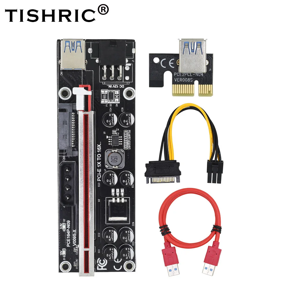 

TISHRIC V009S-X Riser Card Mining Super Version PCI Express PCIE PCI-E Molex 6Pin Power Supply Adapter SATA to USB 3.0 Cable