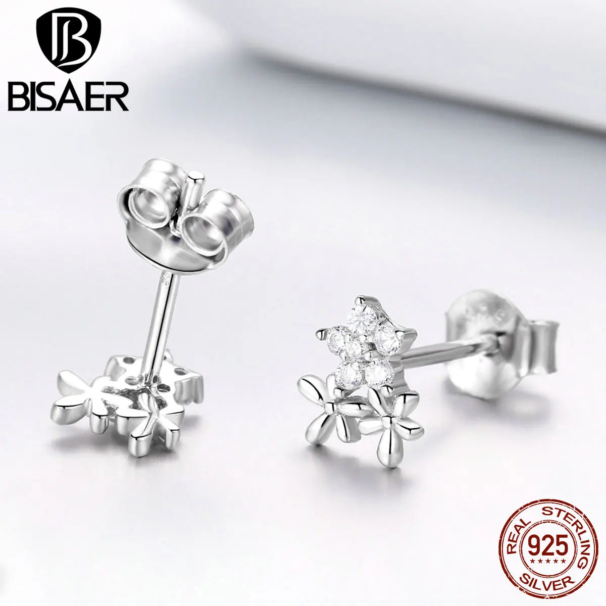 BISAER,, 925 пробы, серебряные, блестящие, звезда, циркон, цветок, серьги-гвоздики для женщин, маленькие, модные серьги, ювелирное изделие EFE030