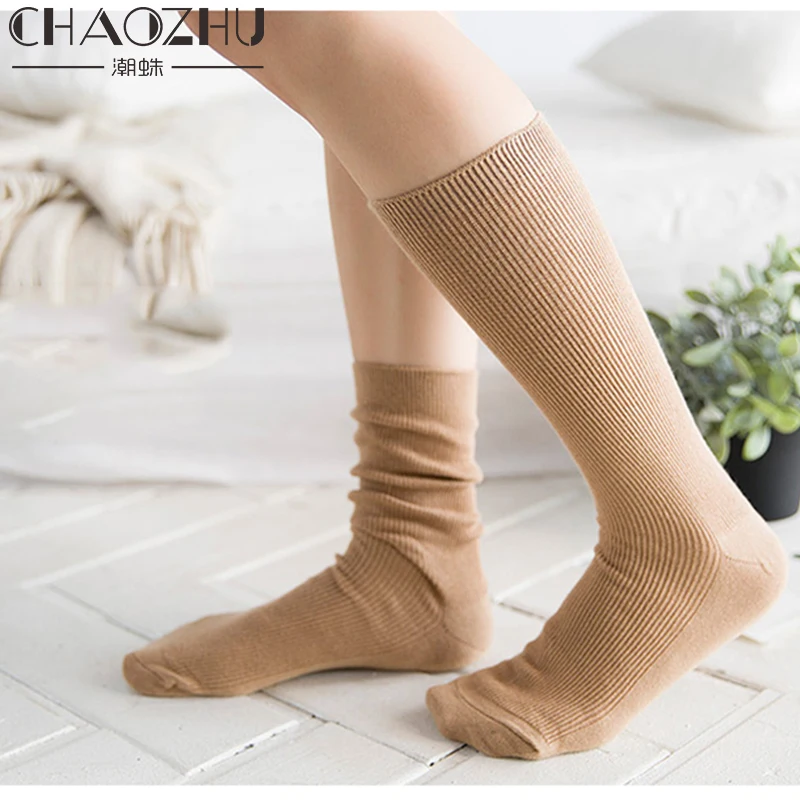 CHAOZHU весна лето Модные свободные носки высокие однотонные цвета 10 пар/лот Акция длинные ребристые Хлопковые женские трендовые носки