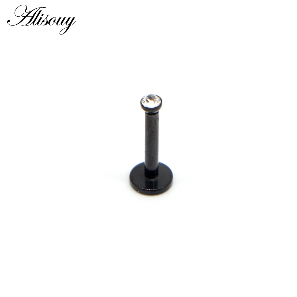 Alisouy 1szt Czarny kolczyk ze stali nierdzewnej z cyrkoniami Płaski Labret Piercing warg Pierścionki do tragus Helix Ear Stud 8MM Biżuteria do ciała