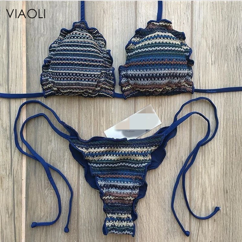 

New bandage bikini 2018 corrugated printing swimsuit female beach swimwear women swimsuit beach bathing suit sexy brazilian