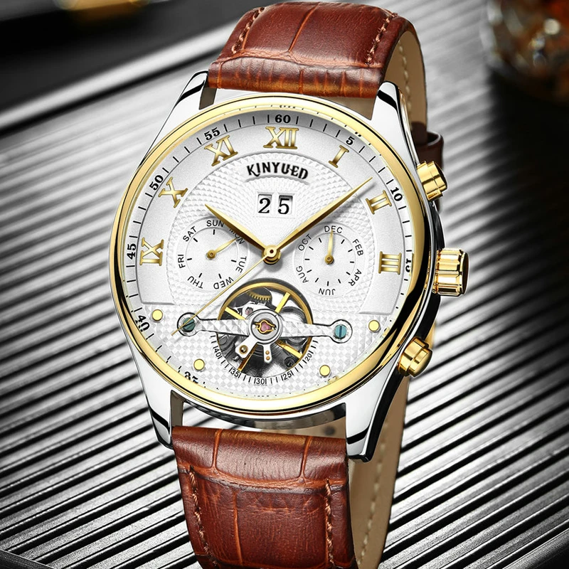 

KINYUED Brand Watch Men Leather Fashion Automatic Mechanical Mens Wristwatches Waterproof Tourbillon Watches Relojes Hombre
