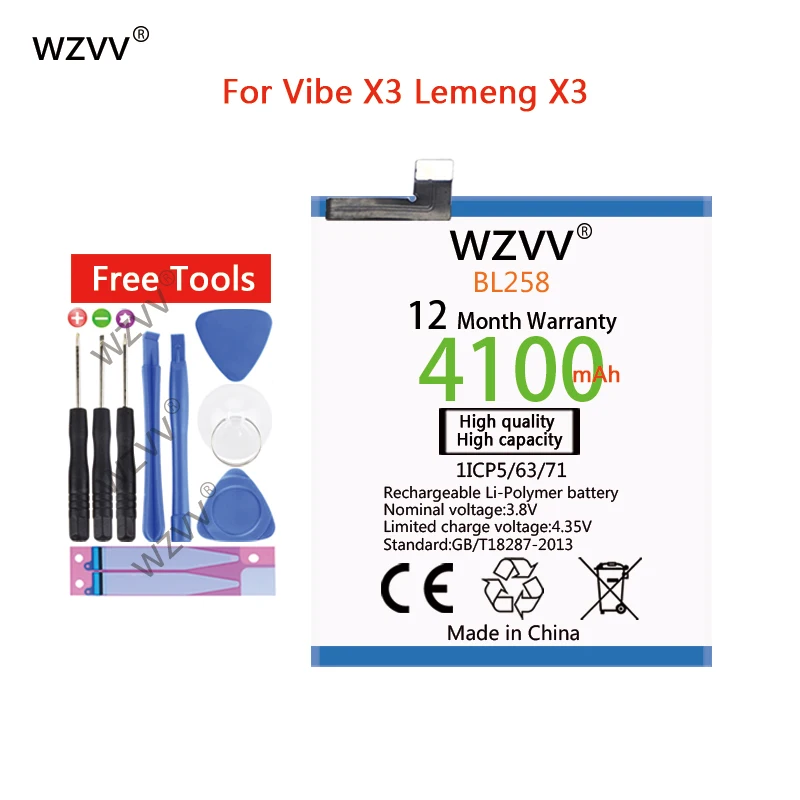 Wzvv 4100 мАч литий-полимерный аккумулятор BL258 для lenovo Vibe X3 X3c50 X3C70 лимон x3a40 Сменные