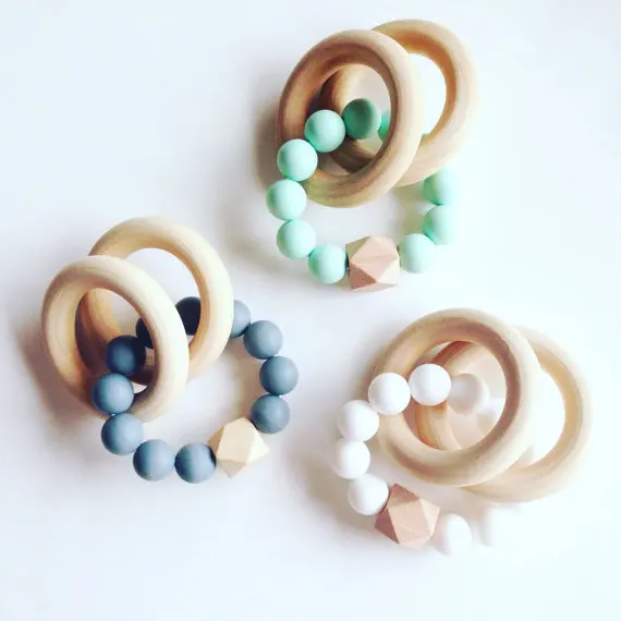 Silicone Teething Chew Beads Bracelet Natural Round Wood Hexagon Wood