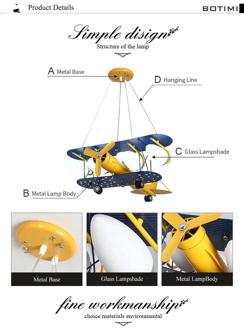 BOTIMI, мультяшный светодиодный подвесной светильник для спальни, подвесной светильник для мальчиков, Детские подвесные лампы, Подвесная лампа для самолета, детское освещение