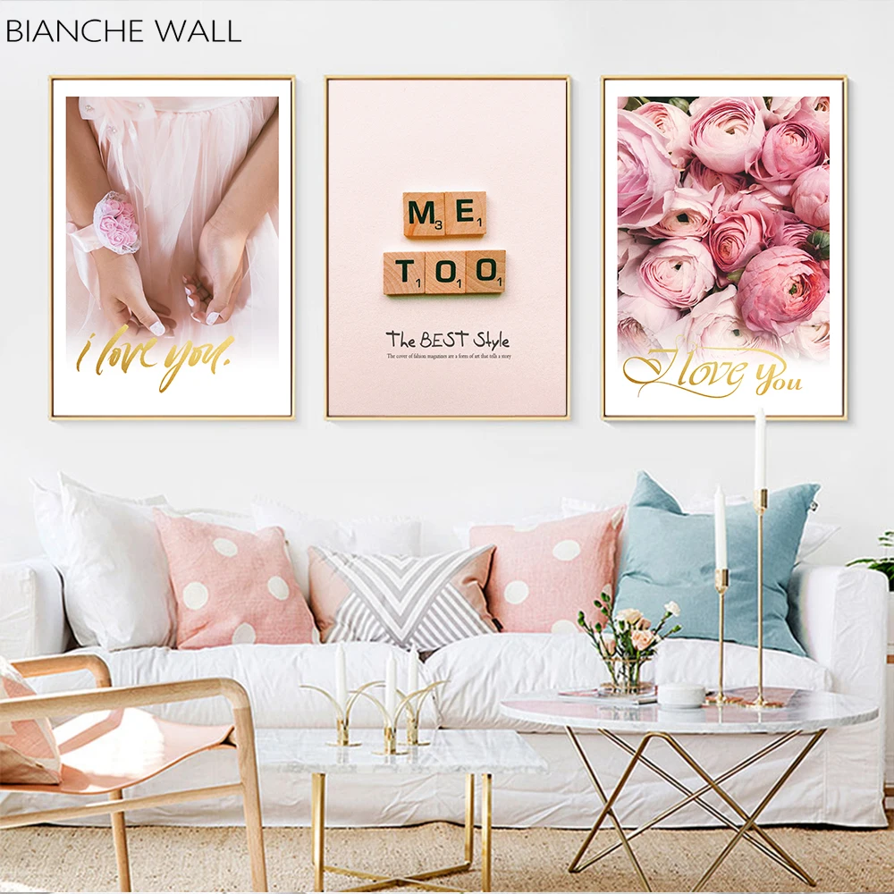 

BIANCHE WALL Romantic Pink Rose Romantic love Wall Art Pictures Canvas Paintings Nordic Posters Prints Bedroom Home Decorations