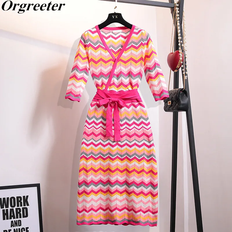

Celebrity style Summer Fall Women's Sexy V-neck Chromatic Striped Knitted Dress Temperament Half sleeve Bow Sashes Casual dress