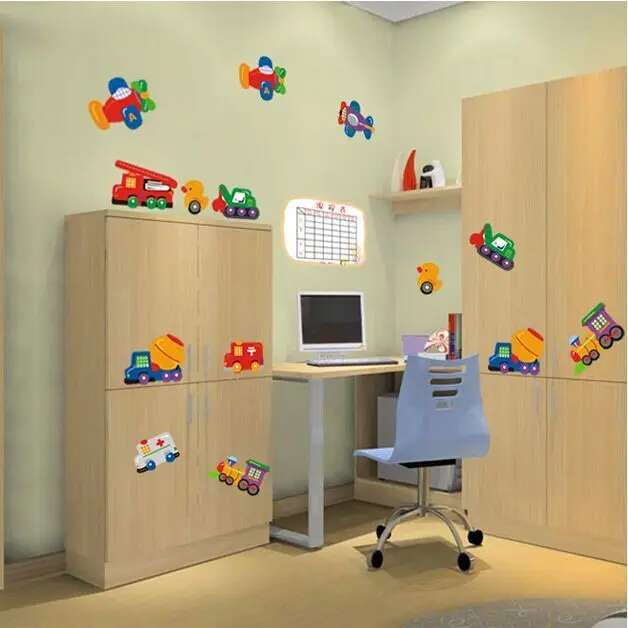

Free Shipping Cartoon Car Puzzle Syllabus Plane Excavator DIY Removable Wall Stickers Parlor Kid Bedroom Home Decor Mural Decal