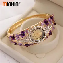 MINHIN красивый браслет часы изящные Позолоченные Стразы для женщин браслет дизайн кварцевые часы повседневные наручные часы