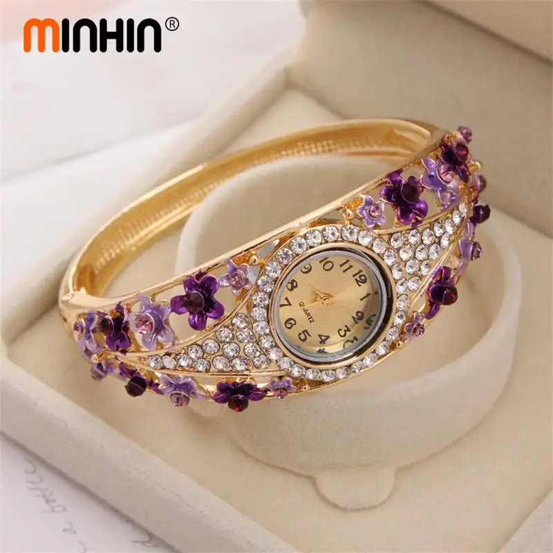 

MINHIN Lovely Bangle Watches Delicate Gold Plated Rhinestone Women Bracelet New Design Quartz Watch Casual Wristwatch