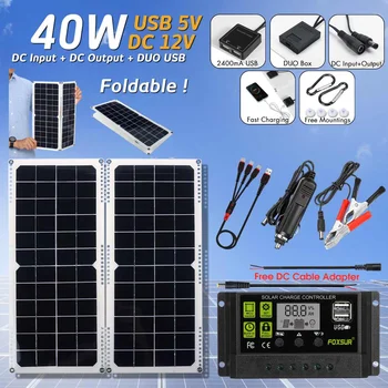 

40W 14V 2.8A USB Solar Panel Cells With Car Charger 10A Solar Charger Controller Regulator for Outdoor Camping Emergency Light
