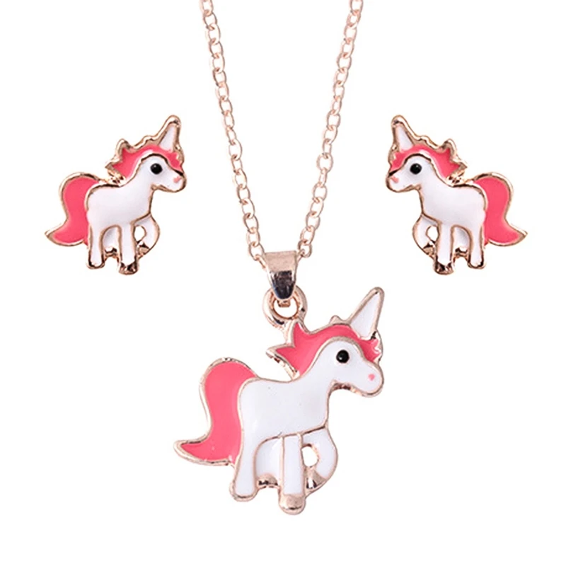

New Fashion Style Cute White Pink Horse Shape Women Pendant Necklace And Earings Fashionable Animal Jewelry Suit Popular Gifts
