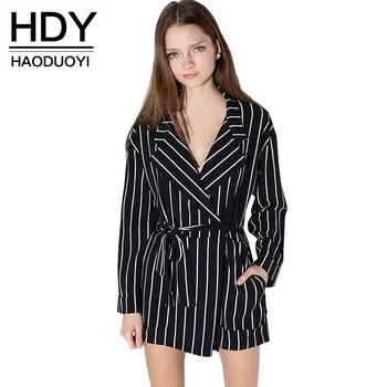 

HDY Haoduoyi 2020 Fashion Women Romper Long Sleeve Female Drawstring Slim Playsuits Sweet Color Block Striped Jumpsuit Rompers