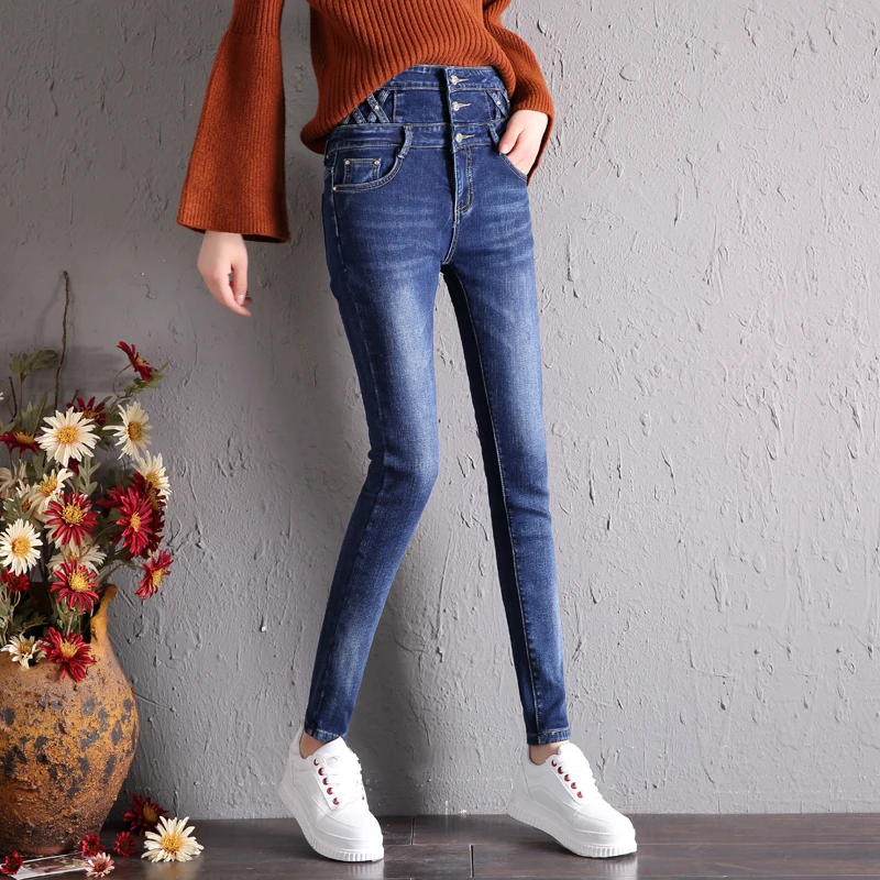 2018 Зима Осень черный синий тонкий карандаш джинсы высокая талия джинсовые женские толстые теплые джинсы для женщин узкие джинсы женщина