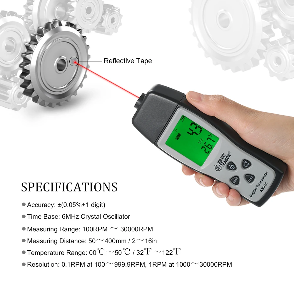 

SMART SENSOR Digital Tachometer rpm meter mini 100RPM-30000RPM Photo Motor Speed Meter Laser Non-Contact + 3pcs Reflective Tape