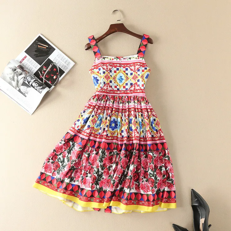 New 2018 spring summer runway brand rose patterns print women casual dress spaghetti strap cute buttons fit and flare dresses