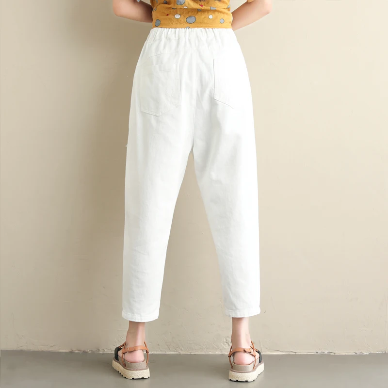 #0659 Casual Harem Pants For Women White Yellow Loose Plus Size Patchwork Vintage Pants Female Cotton Elastic Waist Ladies Pants