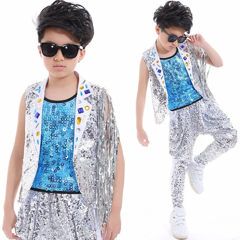 

Jazz Dance Child Costume Boys Hip Hop Street Dance Jazz Sequins Tassel Blue Vest Harem Pants Suit Kids Dancing Clothes DNV10052