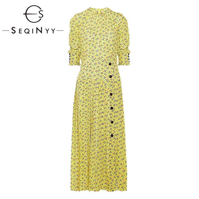 

SEQINYY Sweet Dress 2019 Summer New Fashion Design Short Sleeve Flowers Printed Midi Yellow Dress with Beading Belt