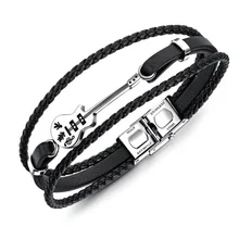 Модный браслет «гитара» черный кожаный браслет плетеный многослойный браслет из нержавеющей стали для мужчин ювелирные изделия панк милый подарок