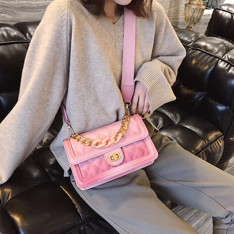 

2019 Spring New Fashion Women Shoulder Bag Chain Strap Flap Design Handbags For Ladies Messenger Bags With Acrylic Strap Q0226