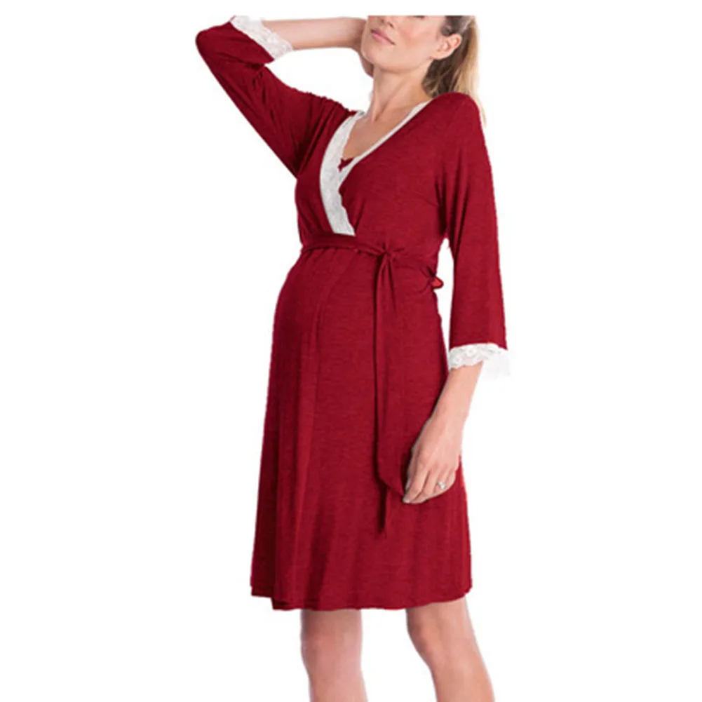 Пижамы для беременных женщин, халат, ночная рубашка для кормящих грудью, мягкая одежда для сна с рукавом 3/4, домашняя одежда, одежда для сна, Халат - Цвет: wine red