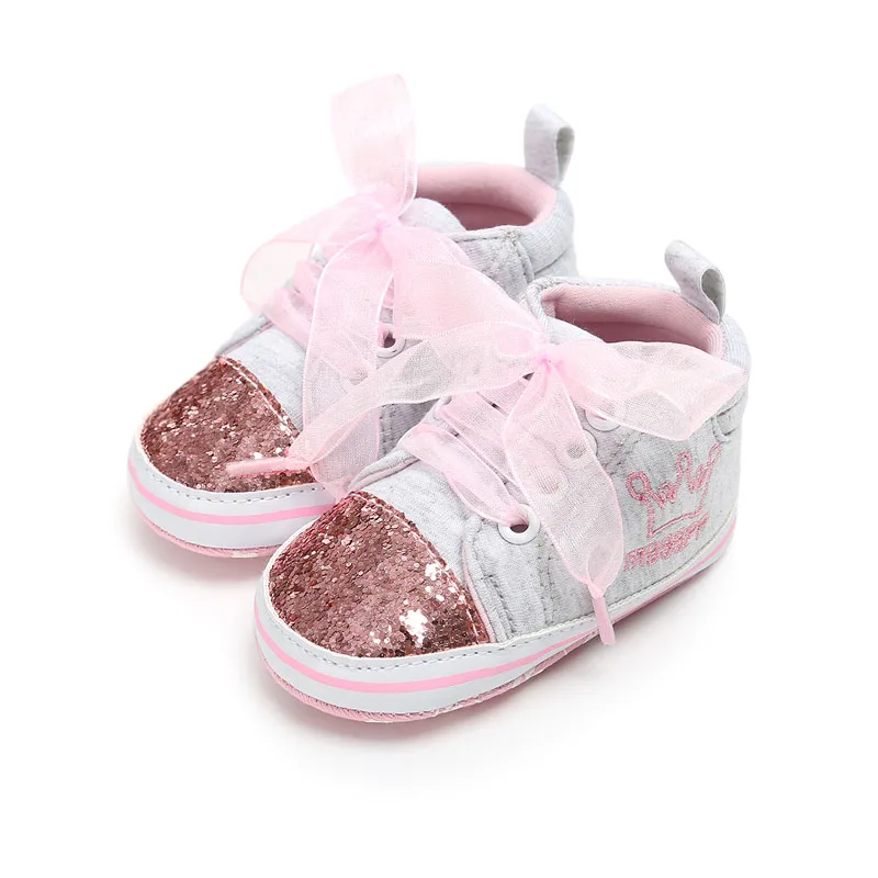 

2018 Fashion Newborn Baby Girl Shoes sequin infant toddler baby canvas Sneakers Lace Up soft bottom 0-1 years sport shoes