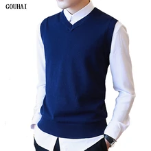 Sweater Men 100% Cotton Solid V Neck Casual Male Sweater Vest Men Pullover Knitted Sleeveless Men Sweater Christmas M-3XL