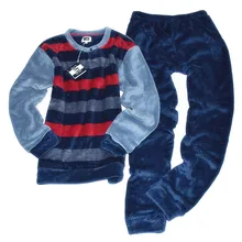 Зимние пижамы для мужчин коралловый флис теплый полосатый пижамный комплект