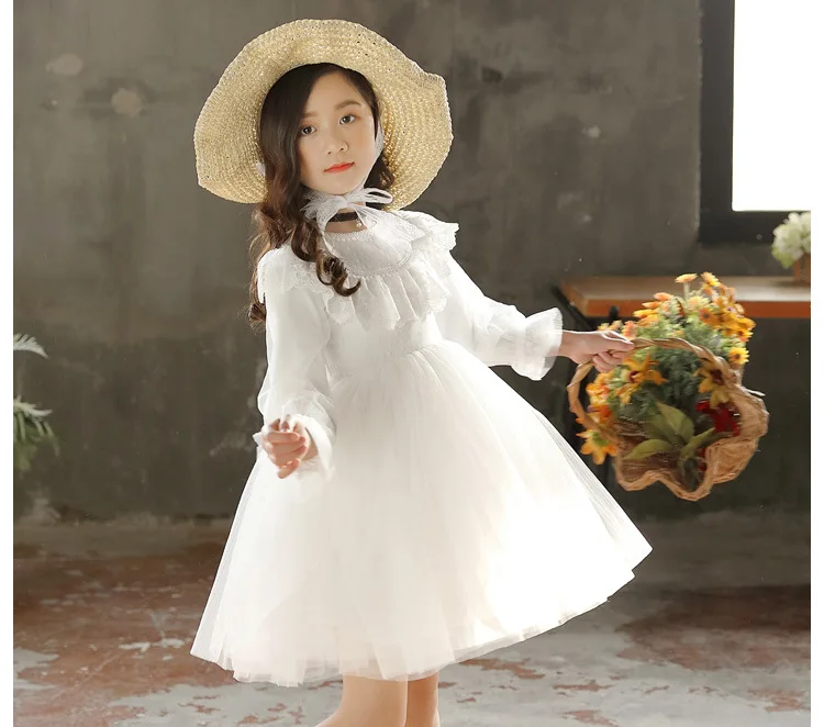 New Spring Autumn Children Lace Dot Princess Dress Teen Girls Tassel Mesh Causal Dress Kids Girl Cotton Solid Vestido Q635