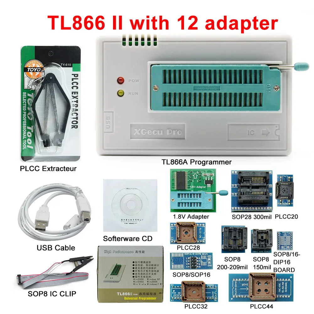 TL866II плюс универсальный программатор+ 17 адаптеров+ SOP8 IC клип Высокая скорость TL866 Flash EPROM программатор инструмент для программирования - Цвет: TL866 II 12Adapters