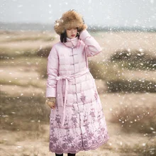 Зимний хлопок марля вышивка Искусство ретро пальто тонкий пуховик женский утолщение