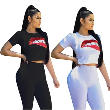 

Women Summer Two Piece Set Tracksuit Short Sleeve O-Neck Sequins +Knee Length Legging Pant Ladies Casual Outfits Women Sets