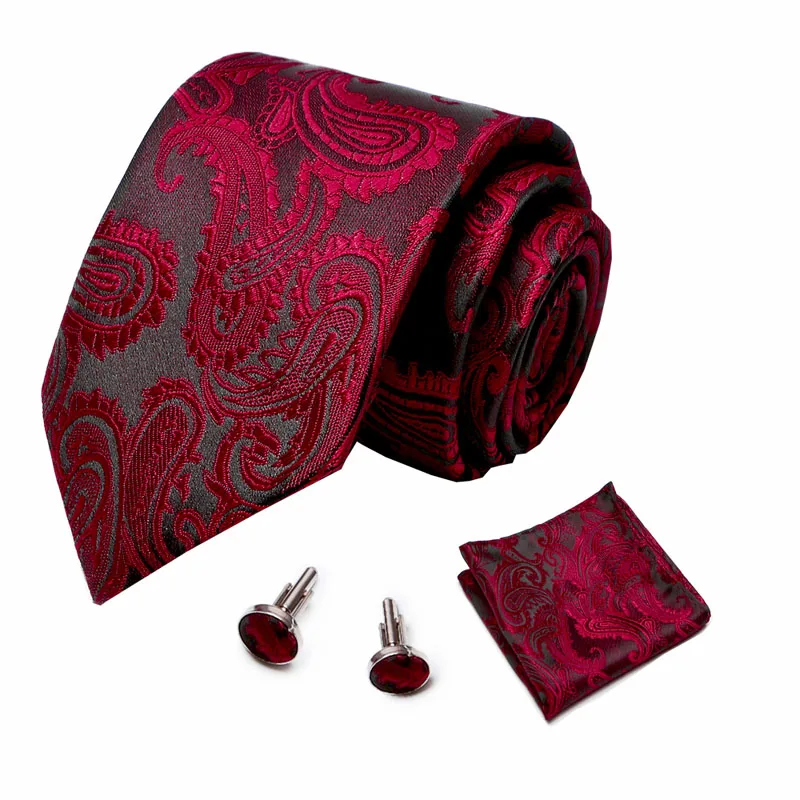 Мужские галстуки цвета красного вина с цветочным узором Пейсли Шелковый жаккардовый галстук Hanky запонки набор мужской бизнес подарок галстуки для мужчин
