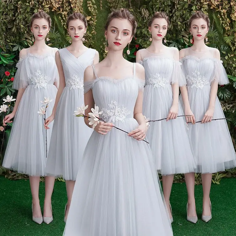 Красивое кружевное серое платье подружки невесты с трапециевидной линией,, короткое детское платье для свадебной вечеринки, выпускного вечера, женские платья