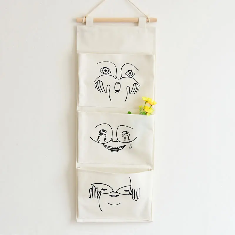

Linen Cotton 3 Pockets Wall Door Closet Hanging Storage Bag Organizer Bedroom Toiletry Hook Cloth Pouch Office Magazine Wardrobe