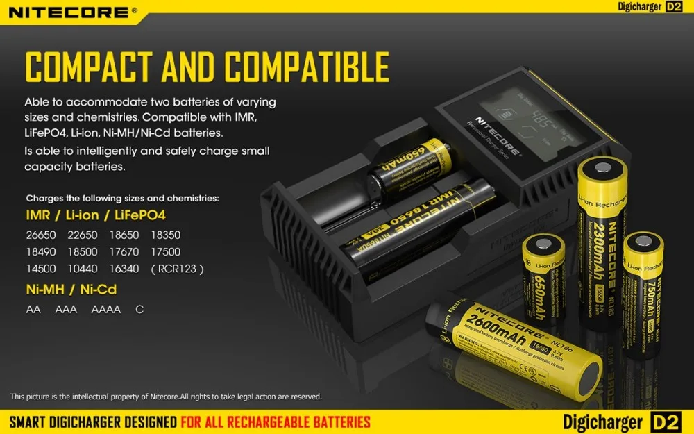 Nitecore D4 D2 I4 I2 ЖК-дисплей интеллигентая(ый) Зарядное устройство Li-Ion 18650 14500 16340 26650 AAA AA 12V Батарея Зарядное устройство автомобиля ЕС