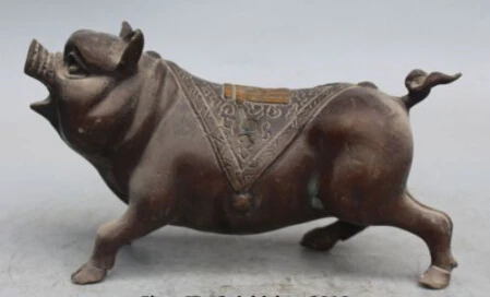 

RHS0153 10" China Chinese Feng Shui Folk Bronze Gilt Zodiac Year Animal Fu Pig Statue