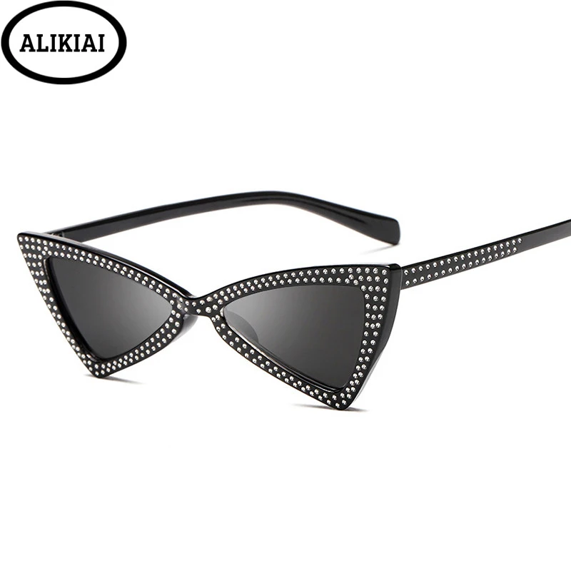 ALIKIAI Diamond Triangle Sunglasses Women Brand Luxury Crystal Cat Eye Ladies Small Black Angry Sun Glasses Oculos | Аксессуары для