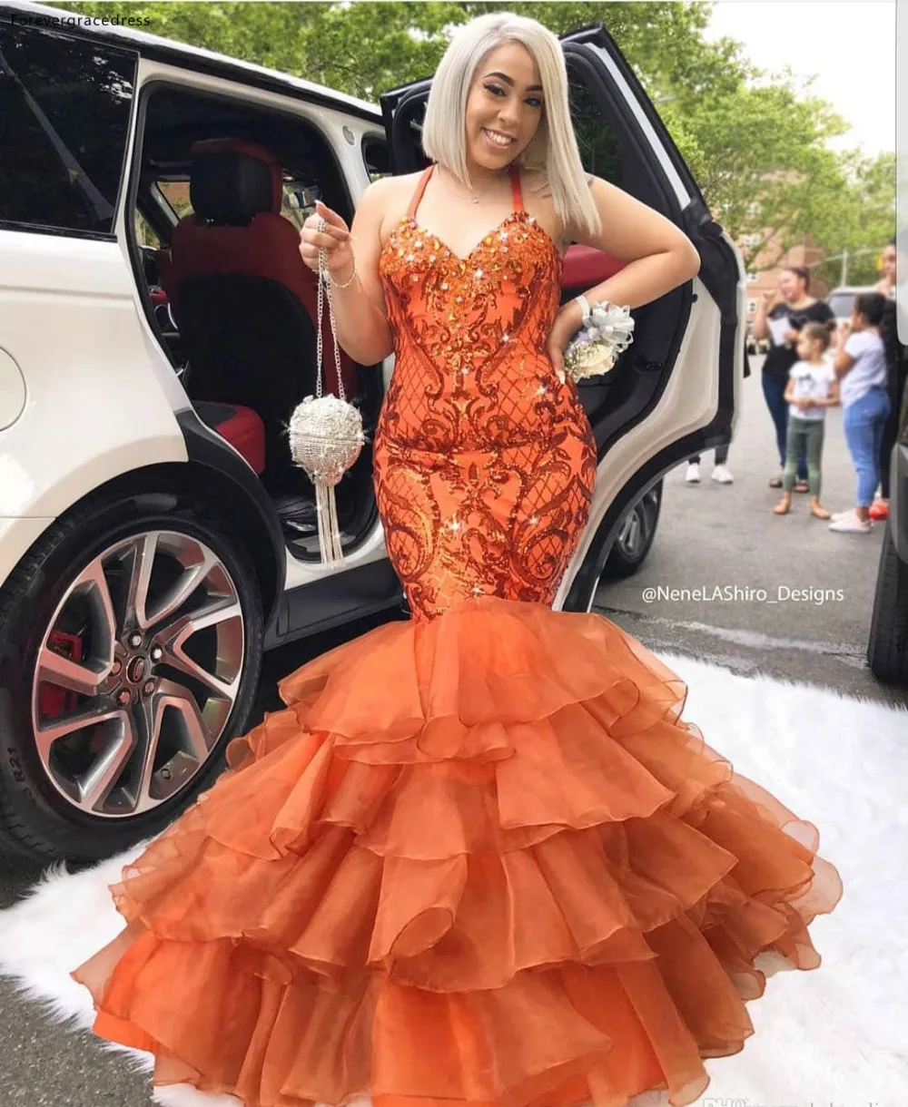 Coral Prom Dresses 2019 Mermaid Halter Neck Sequins Appliques Ruffles Long Evening Gowns Plus Size Red Carpet Dress  185 (3)