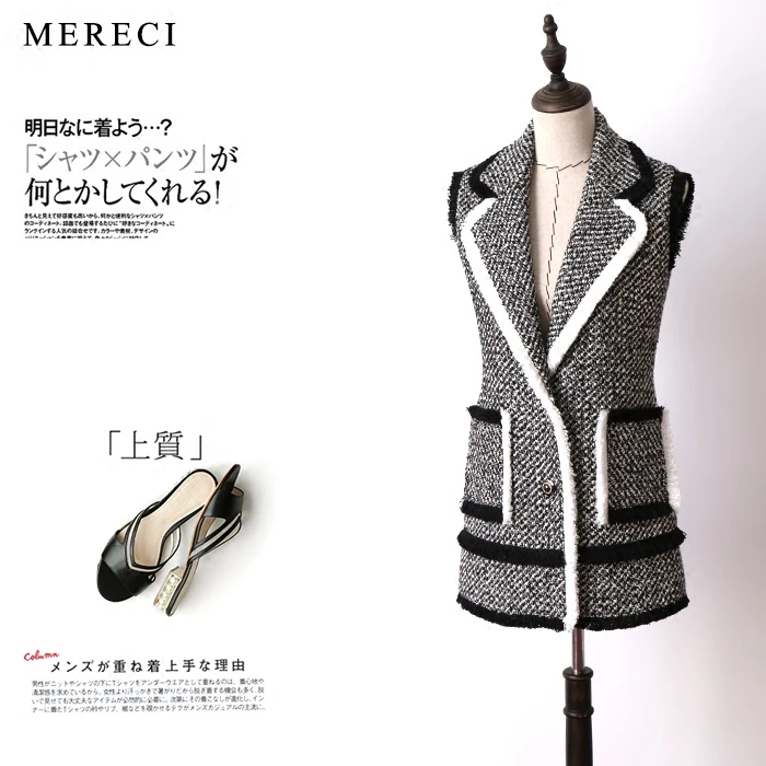 New arrival 2018 brand fashion women tweed vest coat sleeveless notched collar color block pockets outerwear gray