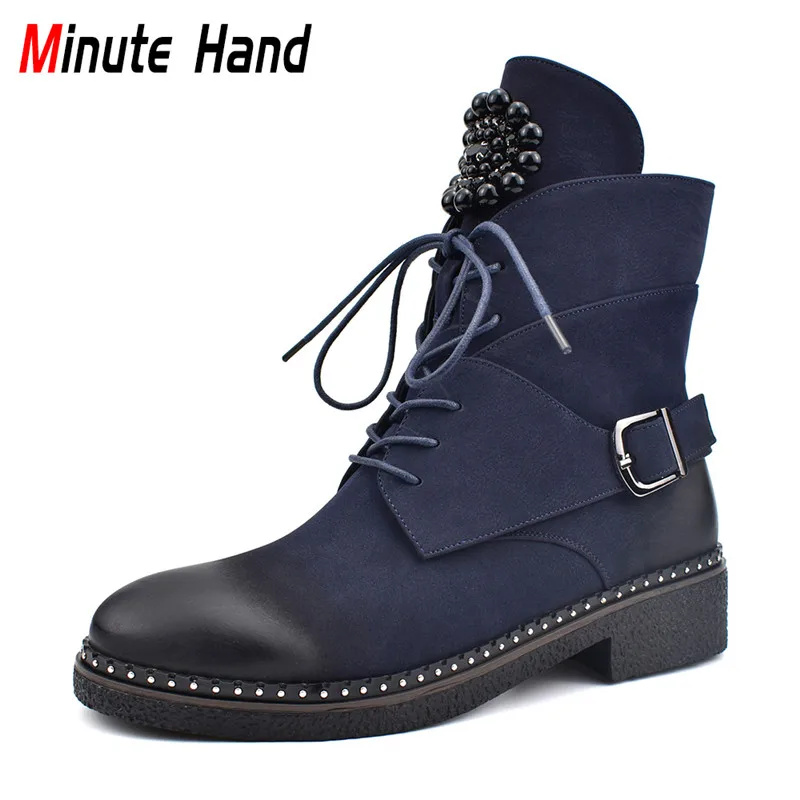 

Minute Hand Autumn Winter Fashion Sanding Boots For Women String Bead Motorcycle Boots Lace Up Zip Chunky Heel Women Ankle Boots