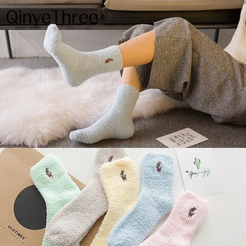 

Moonbiffy Embroidery CAT Deer Thicken women socks Lovely Plush Warm Sleep ladies girl Socks hosiery Winter Soft Home Accessories Sox Gifts