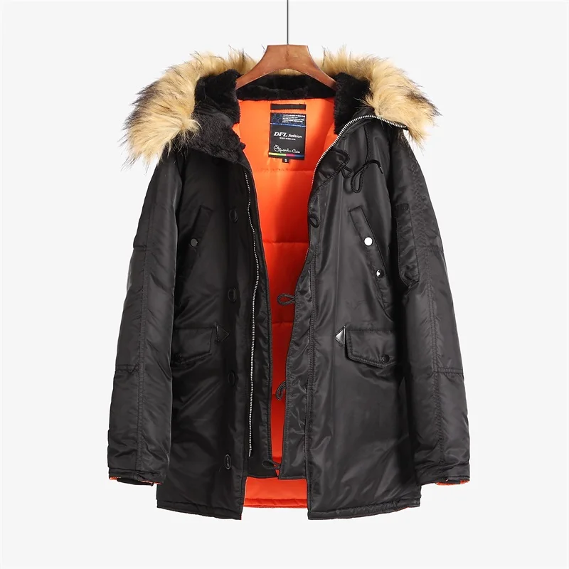 N-3B зимнее пальто для мужчин меховой капюшон slim fit Толстая парка с подкладкой военная куртка для холодной погоды - Цвет: Black