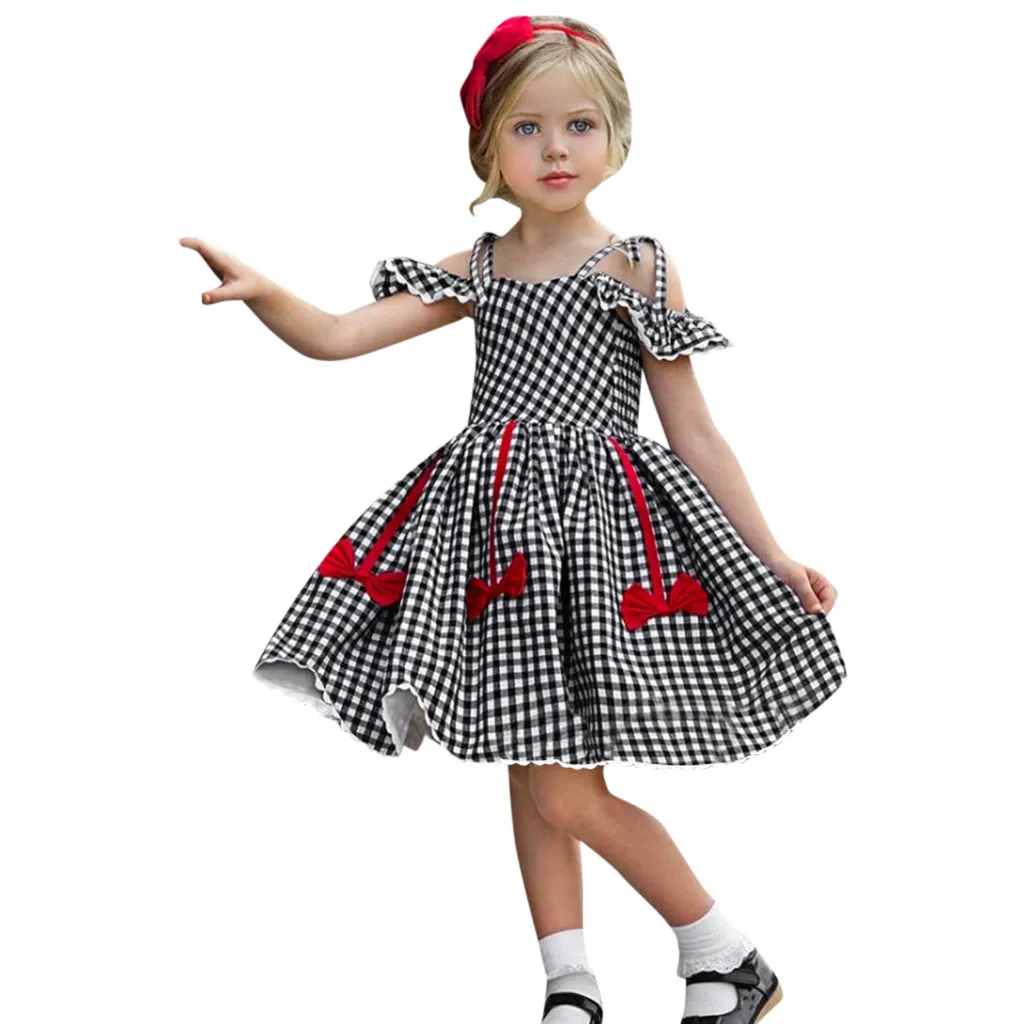 

SAGACE Plaid Dress Girls Kids Bow Off ShoulderDress Cute Dresses For Infant Baby Girl Child Casual Dresses In Baby And Kids