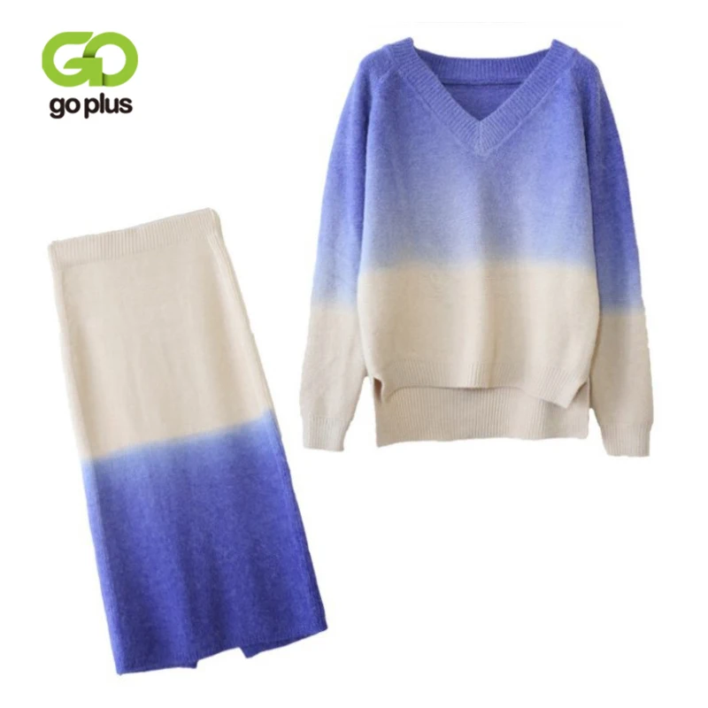 

GOPLUS 2019 New Knit Long-sleeve Sweater Skirt Suits Women V Neck Contrast Color Pullover Skirt Suit Set Women's 2pcs Set C6529